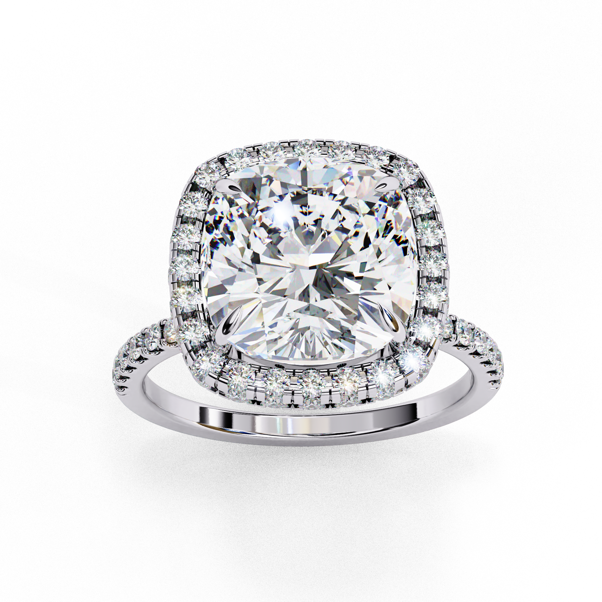 Top-down view of a white gold cushion cut diamond engagement ring with a brilliant double halo.