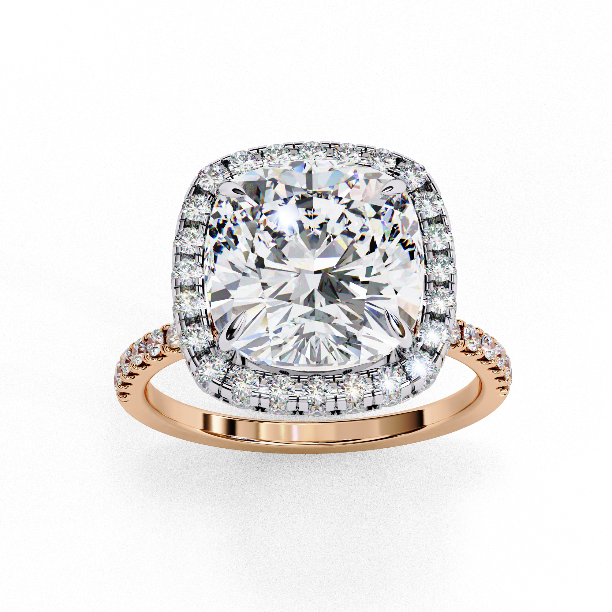 Top-down view of a rose gold cushion cut diamond engagement ring with a brilliant double halo.