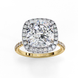 Top-down view of a yellow gold cushion cut diamond engagement ring with a brilliant double halo.