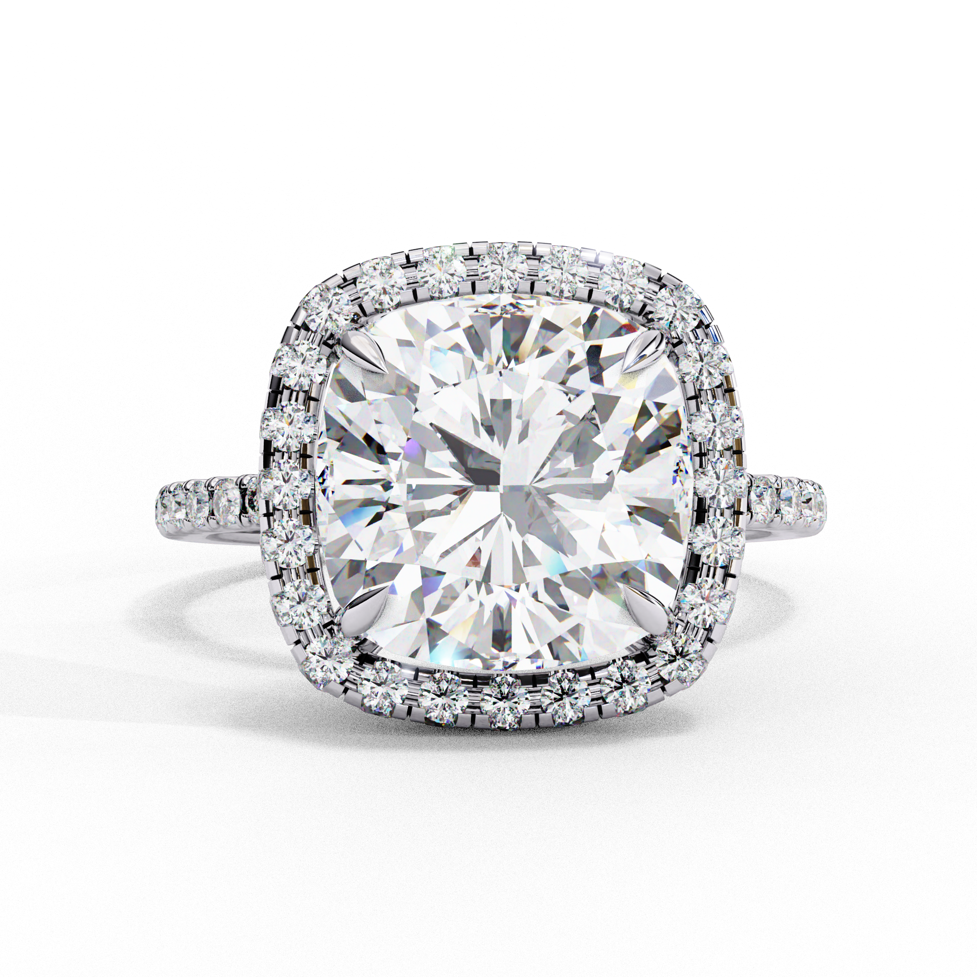 Front view of a white gold cushion cut diamond double halo engagement ring.