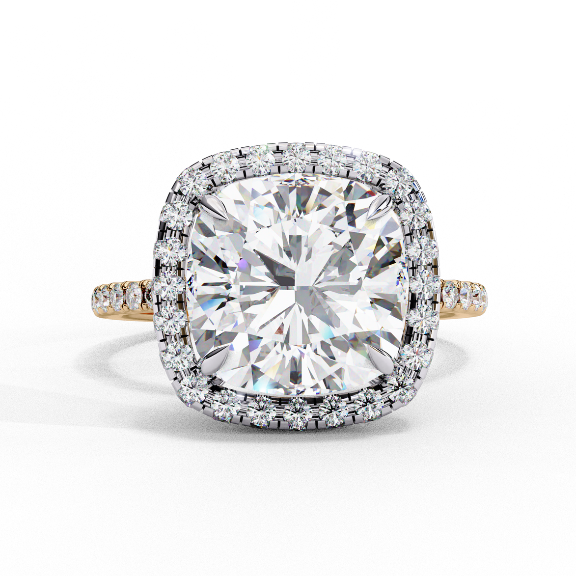 Front view of a rose gold cushion cut diamond double halo engagement ring.