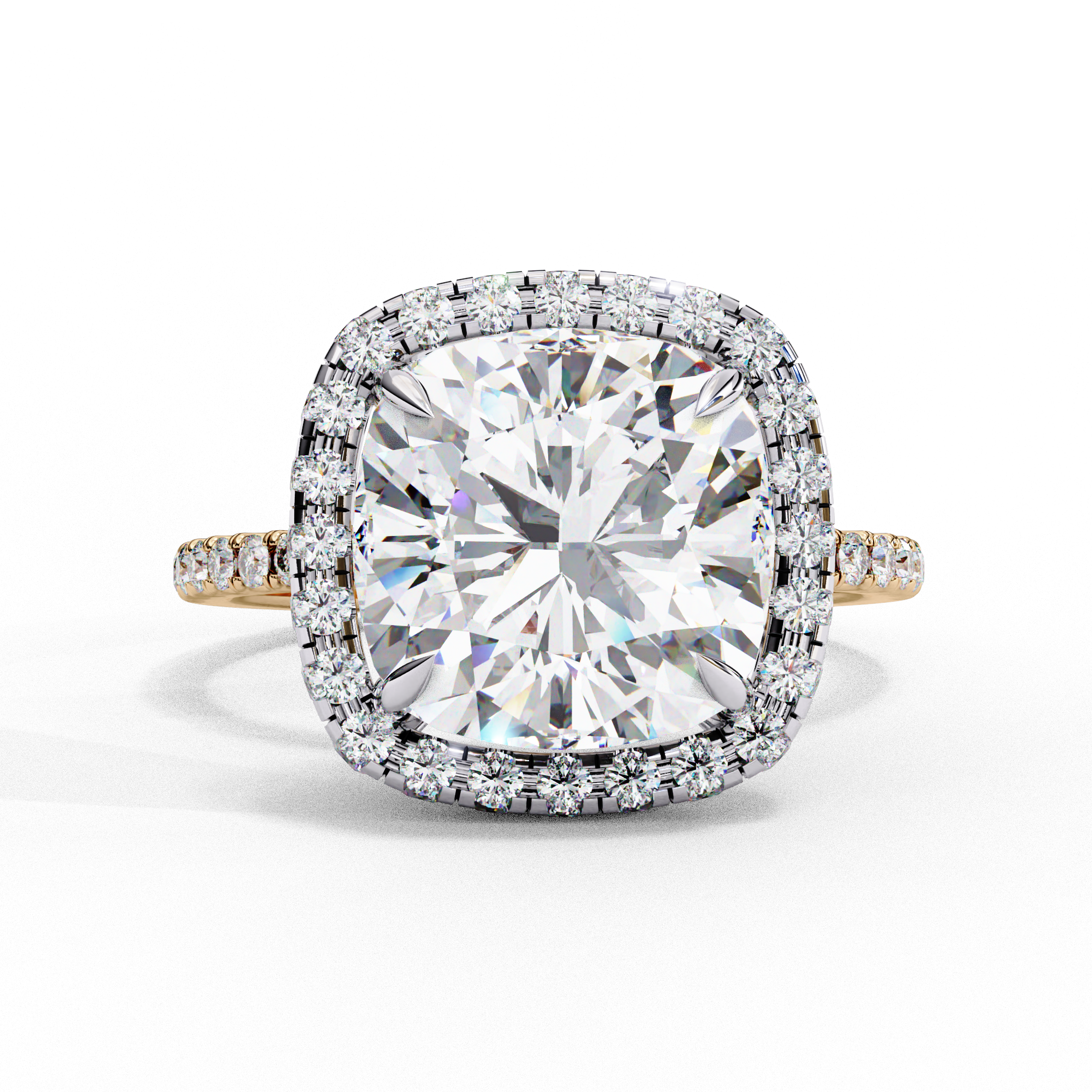 Front view of a rose gold cushion cut diamond double halo engagement ring.