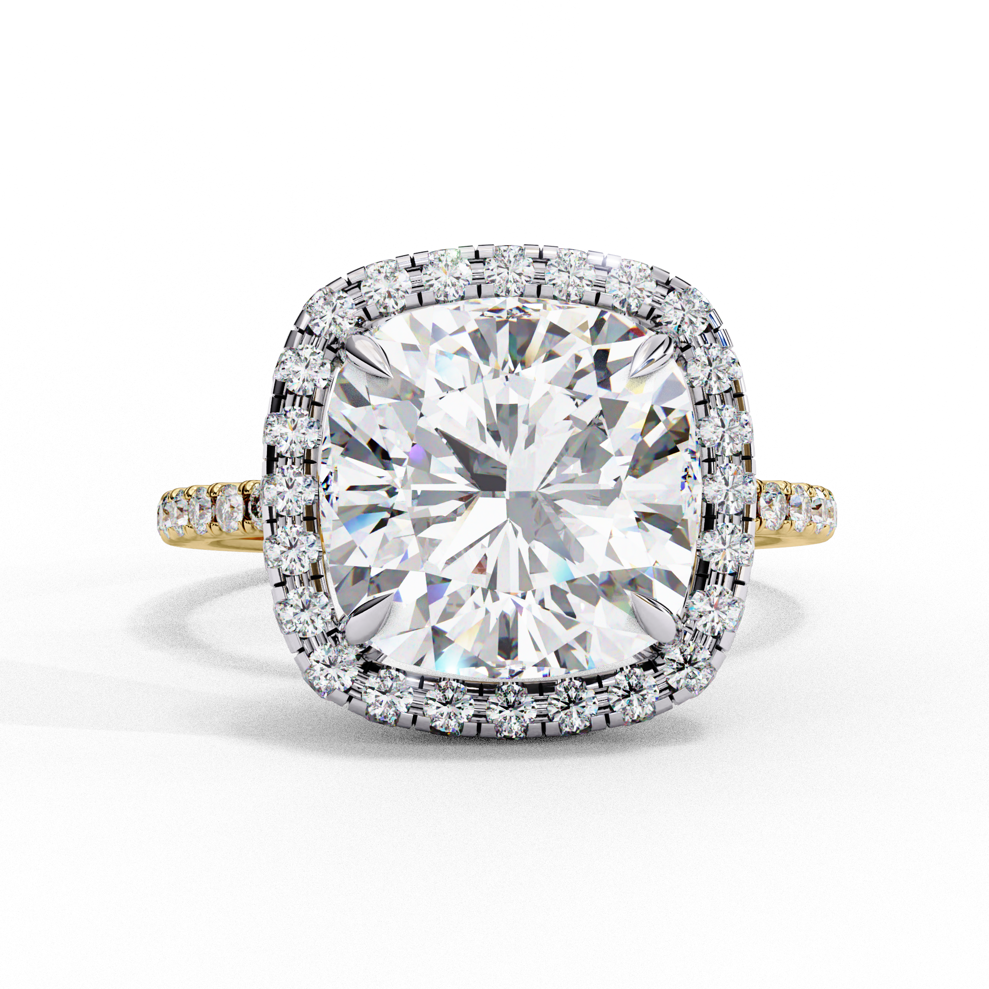 Front view of a yellow gold cushion cut diamond double halo engagement ring.