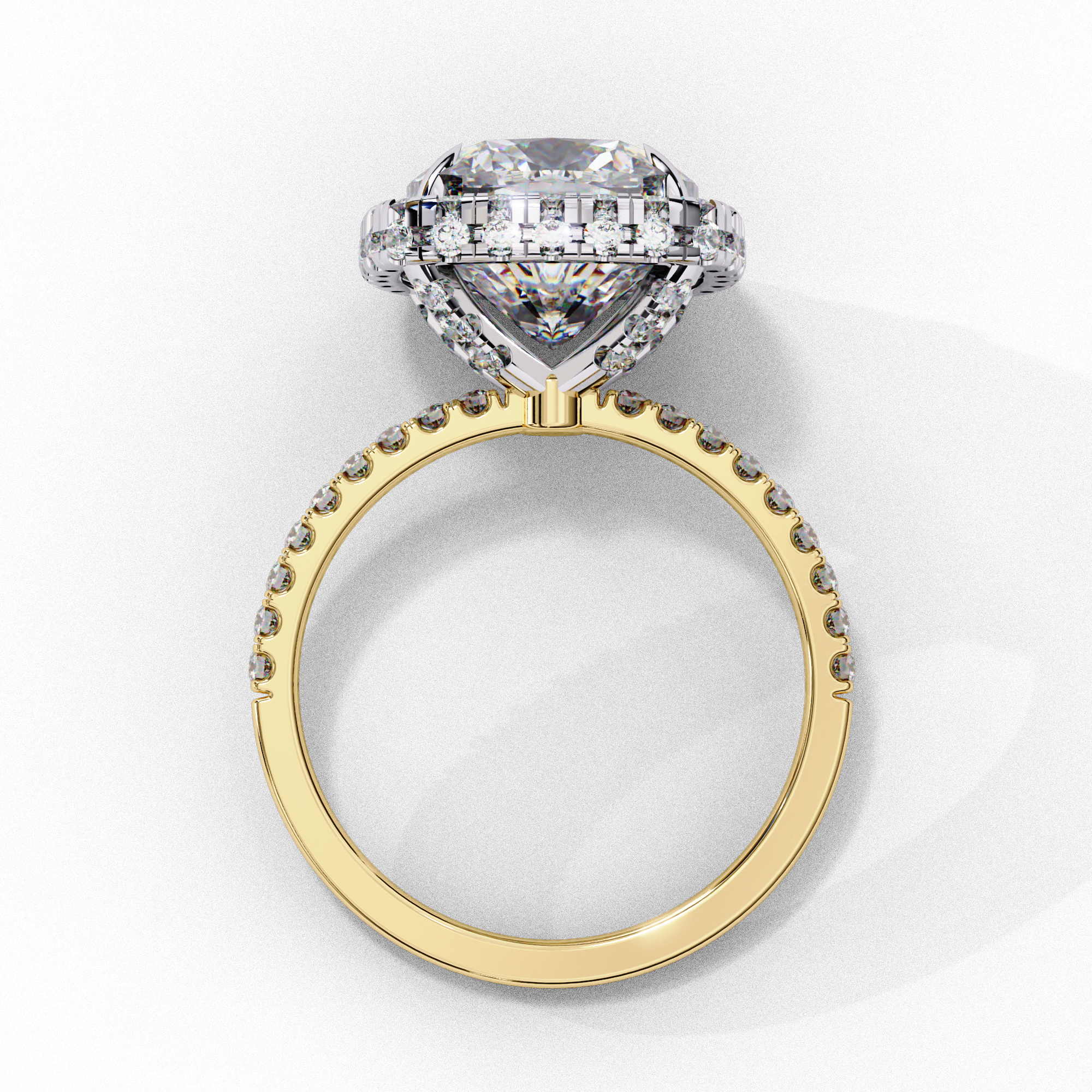 Side profile view of a yellow gold cushion cut diamond double halo engagement ring showing the elevated cathedral setting.