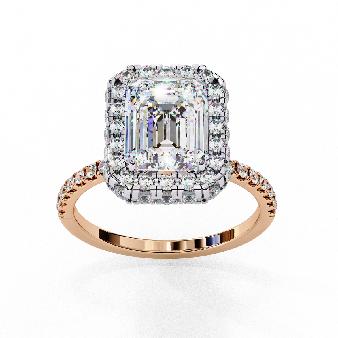 Side profile view of a rose gold emerald cut diamond ring showing the diamond-accented pavé band.