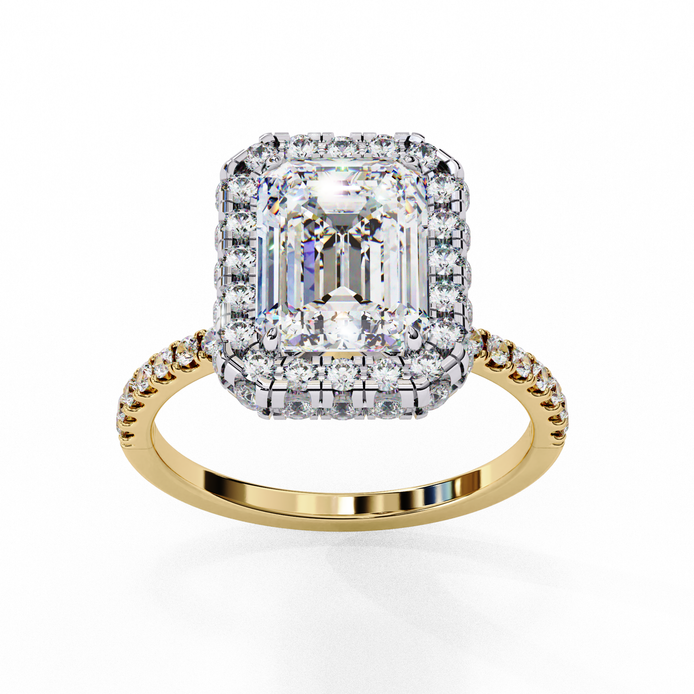 Front view of a yellow gold emerald cut diamond double halo engagement ring.