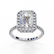 Front view of a white gold emerald cut diamond double halo engagement ring.