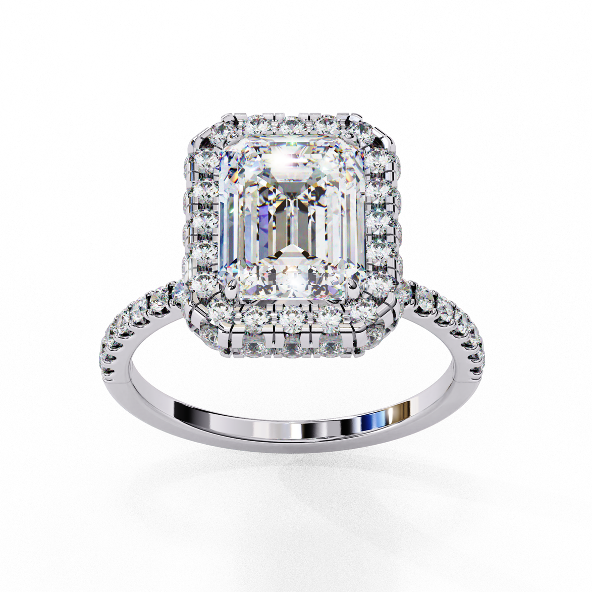 Front view of a white gold emerald cut diamond double halo engagement ring.