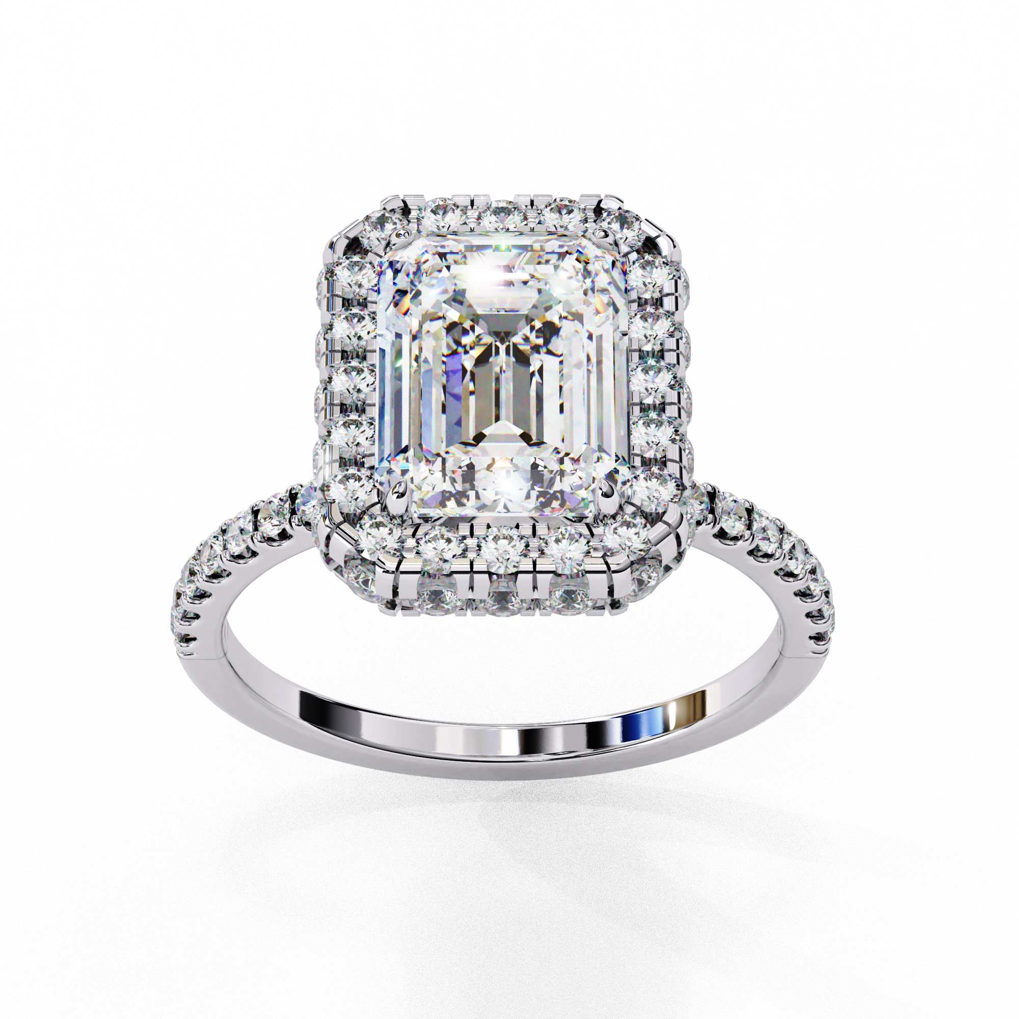 Front view of a white gold emerald cut diamond double halo engagement ring.