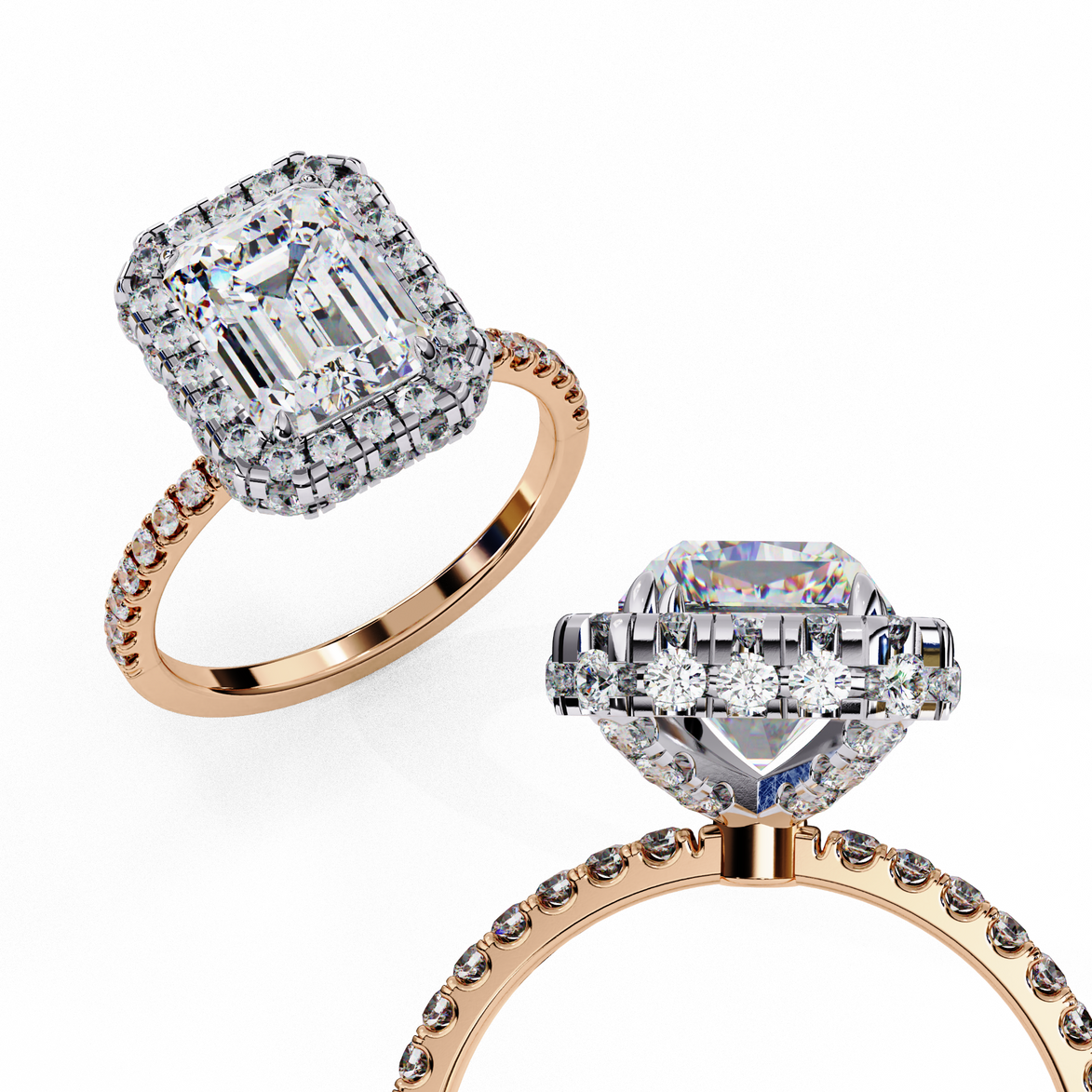 Close-up angled shot of a rose gold emerald cut diamond double halo engagement ring highlighting the pavé band.