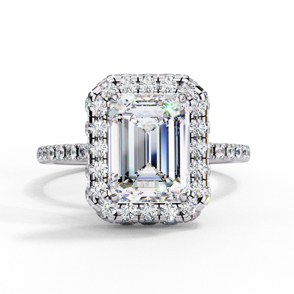 Top-down view of a white gold emerald cut diamond engagement ring with a brilliant double halo.