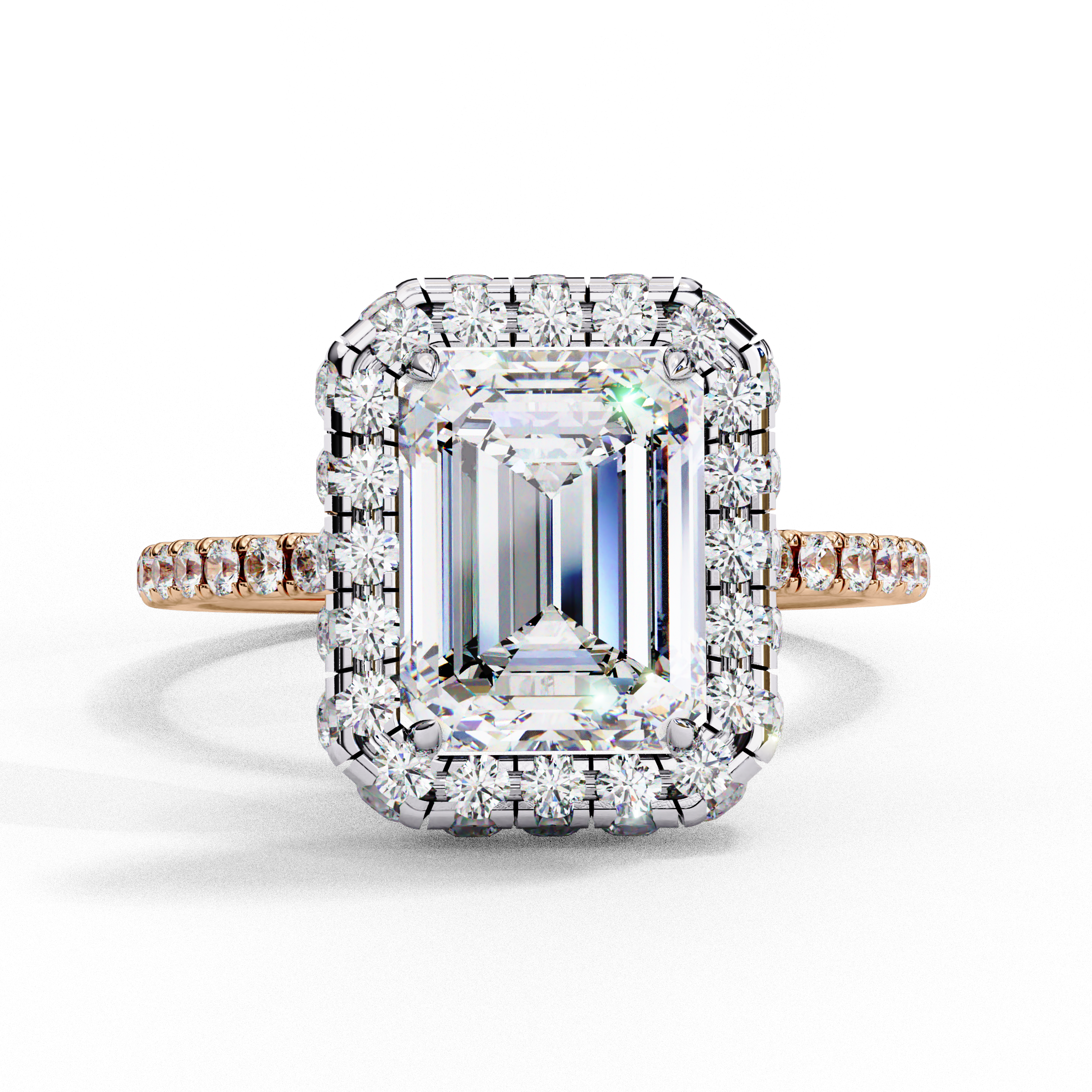 Top-down view of a rose gold emerald cut diamond engagement ring with a brilliant double halo.