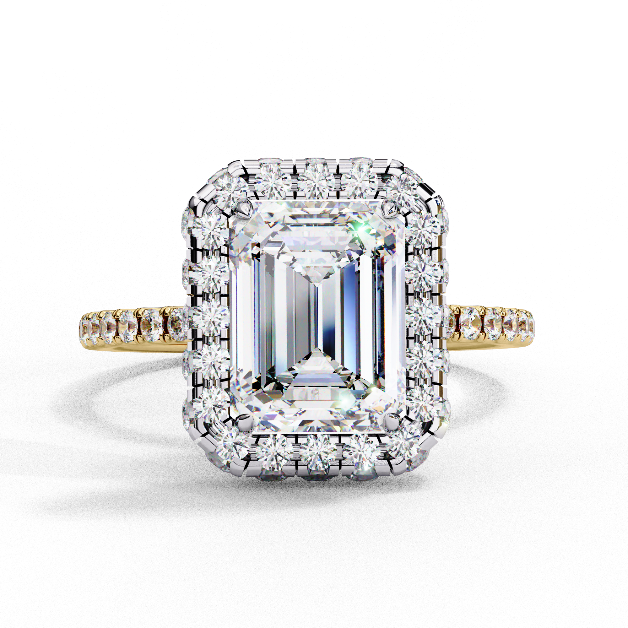 Top-down view of a yellow gold emerald cut diamond engagement ring with a brilliant double halo.