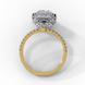 Side profile view of a yellow gold emerald cut diamond double halo engagement ring showing the cathedral setting.