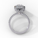 Side profile view of a white gold emerald cut diamond double halo engagement ring showing the elevated cathedral gallery.