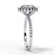 Side profile view of a white gold oval cut diamond double halo engagement ring showing the elevated cathedral gallery.