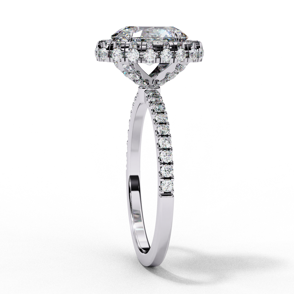 Side profile view of a white gold oval cut diamond double halo engagement ring showing the elevated cathedral gallery.
