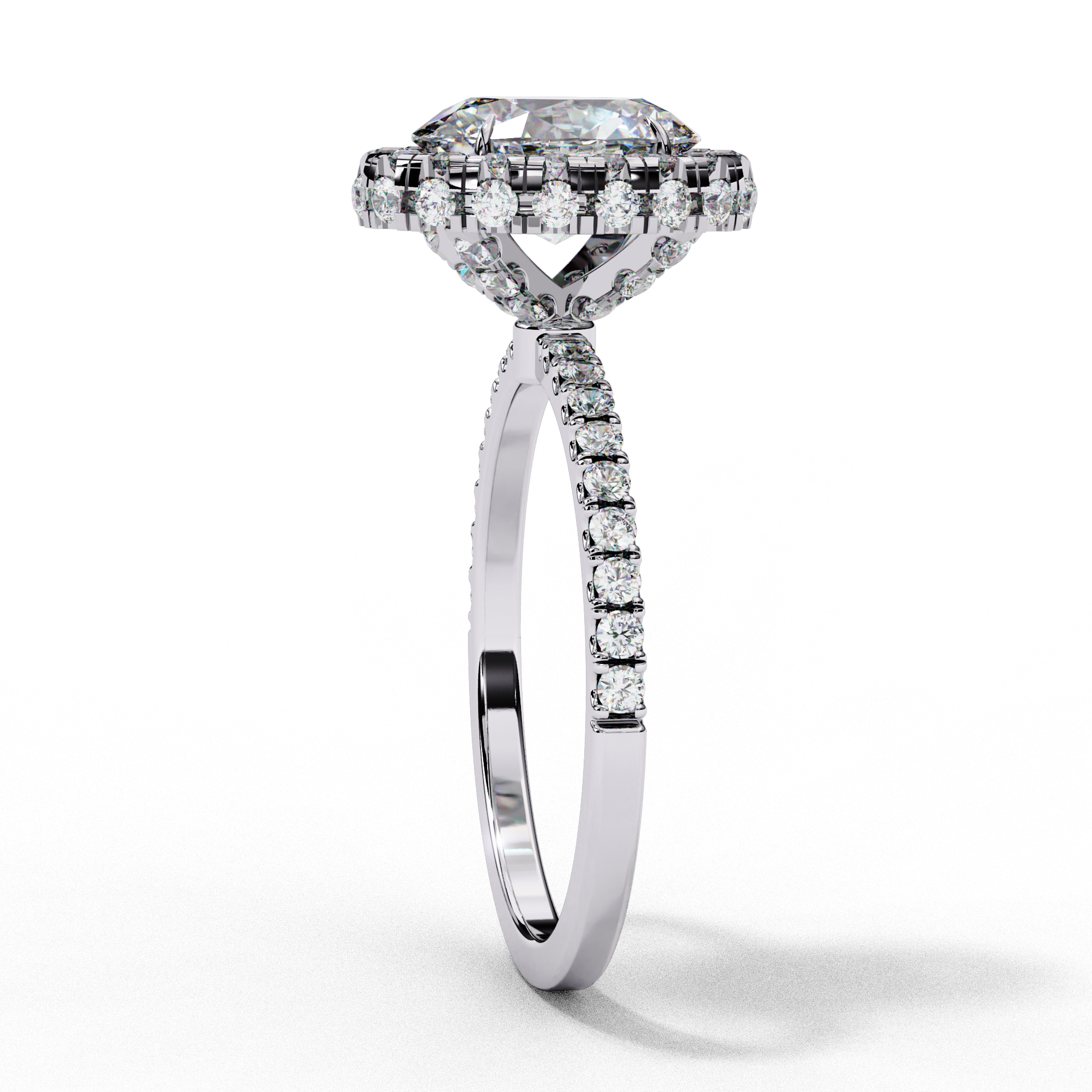 Side profile view of a white gold oval cut diamond double halo engagement ring showing the elevated cathedral gallery.