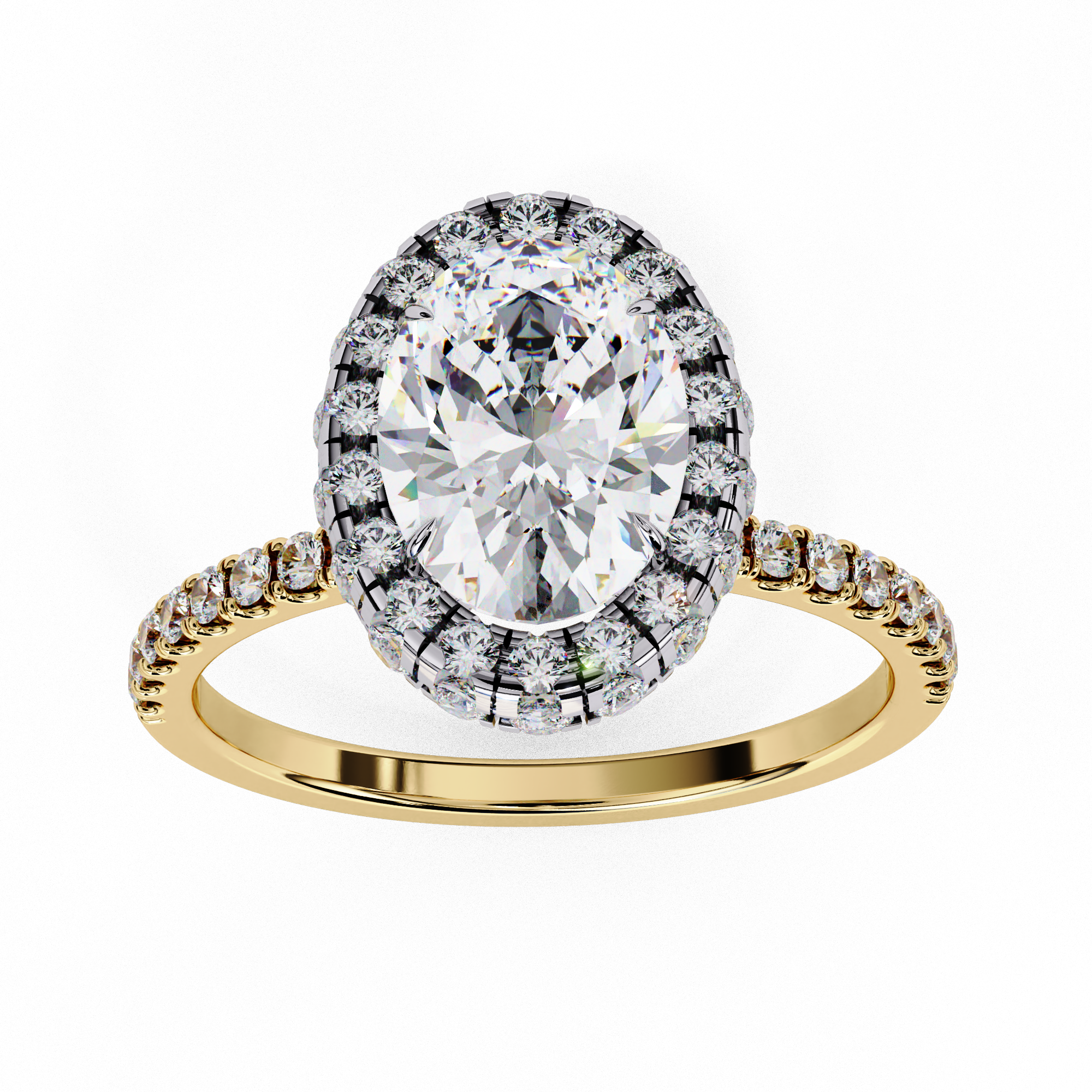 Top-down view of a yellow gold oval cut diamond engagement ring with a brilliant double halo.