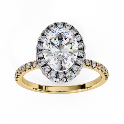 Top-down view of a yellow gold oval cut diamond engagement ring with a brilliant double halo.