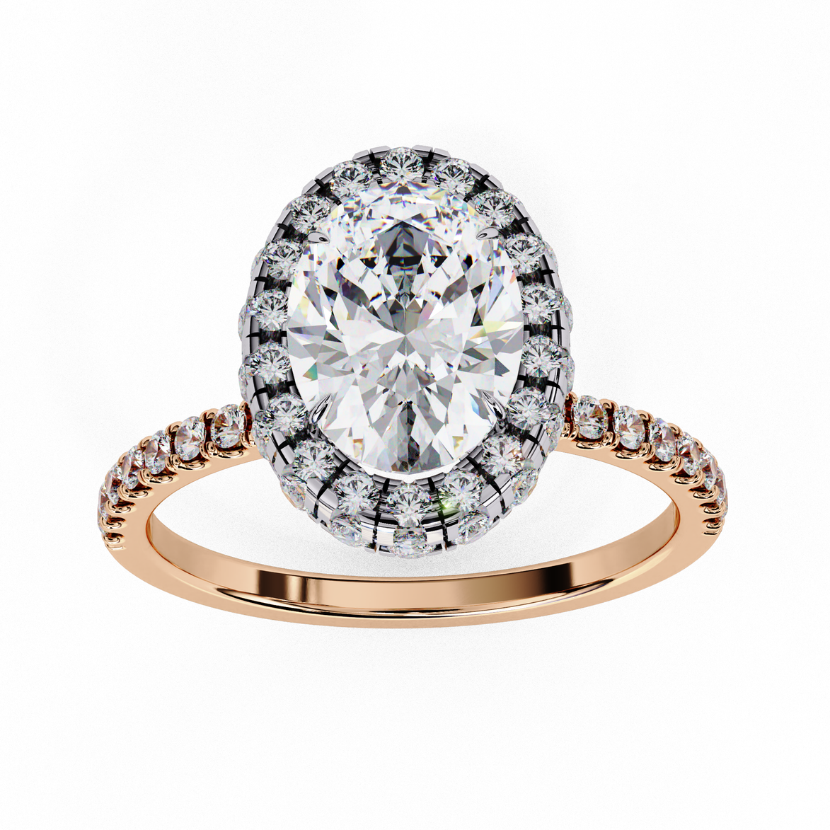 Top-down view of a rose gold oval cut diamond engagement ring with a brilliant double halo.