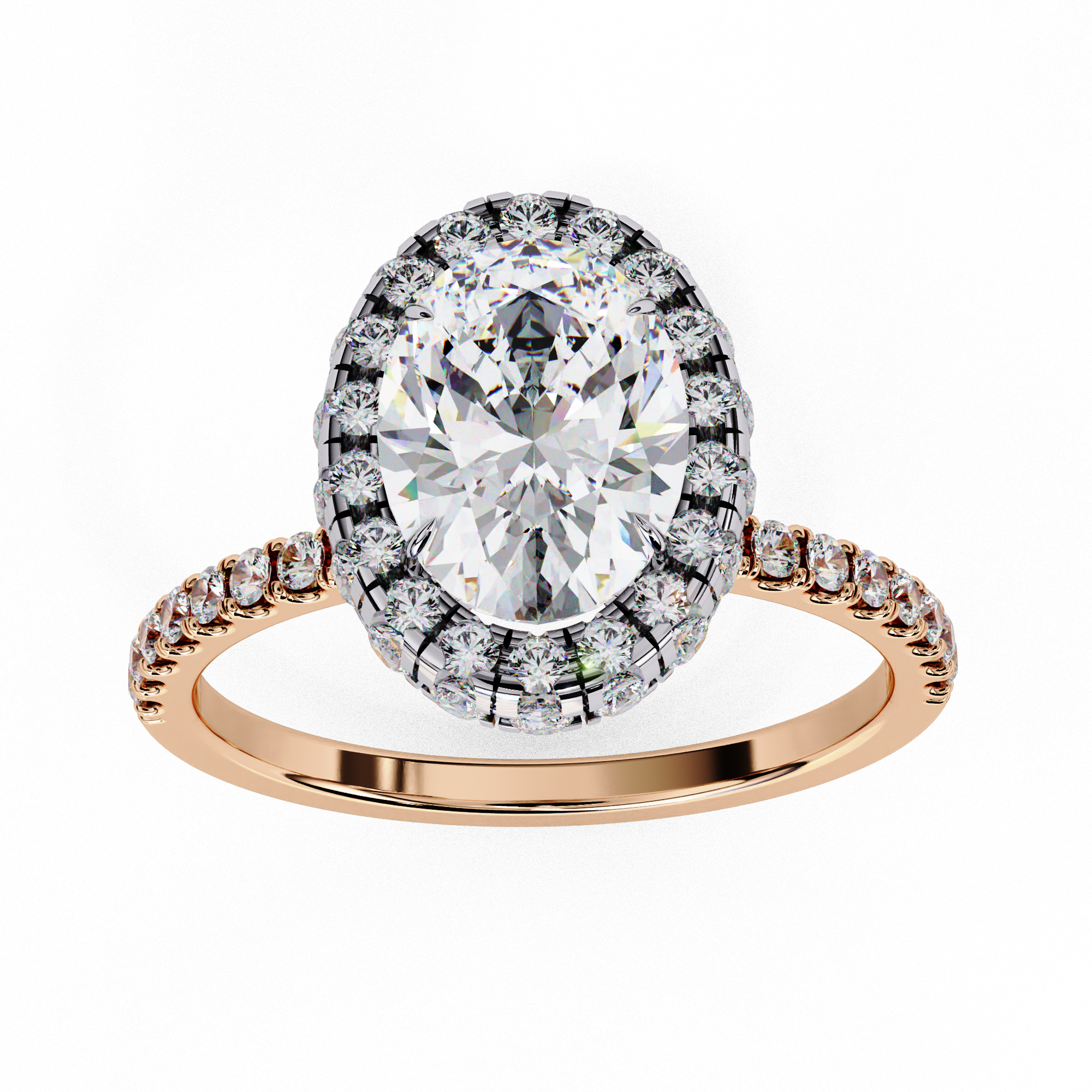 Top-down view of a rose gold oval cut diamond engagement ring with a brilliant double halo.