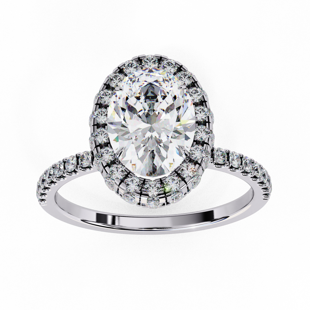 Top-down view of a white gold oval cut diamond engagement ring with a brilliant double halo.