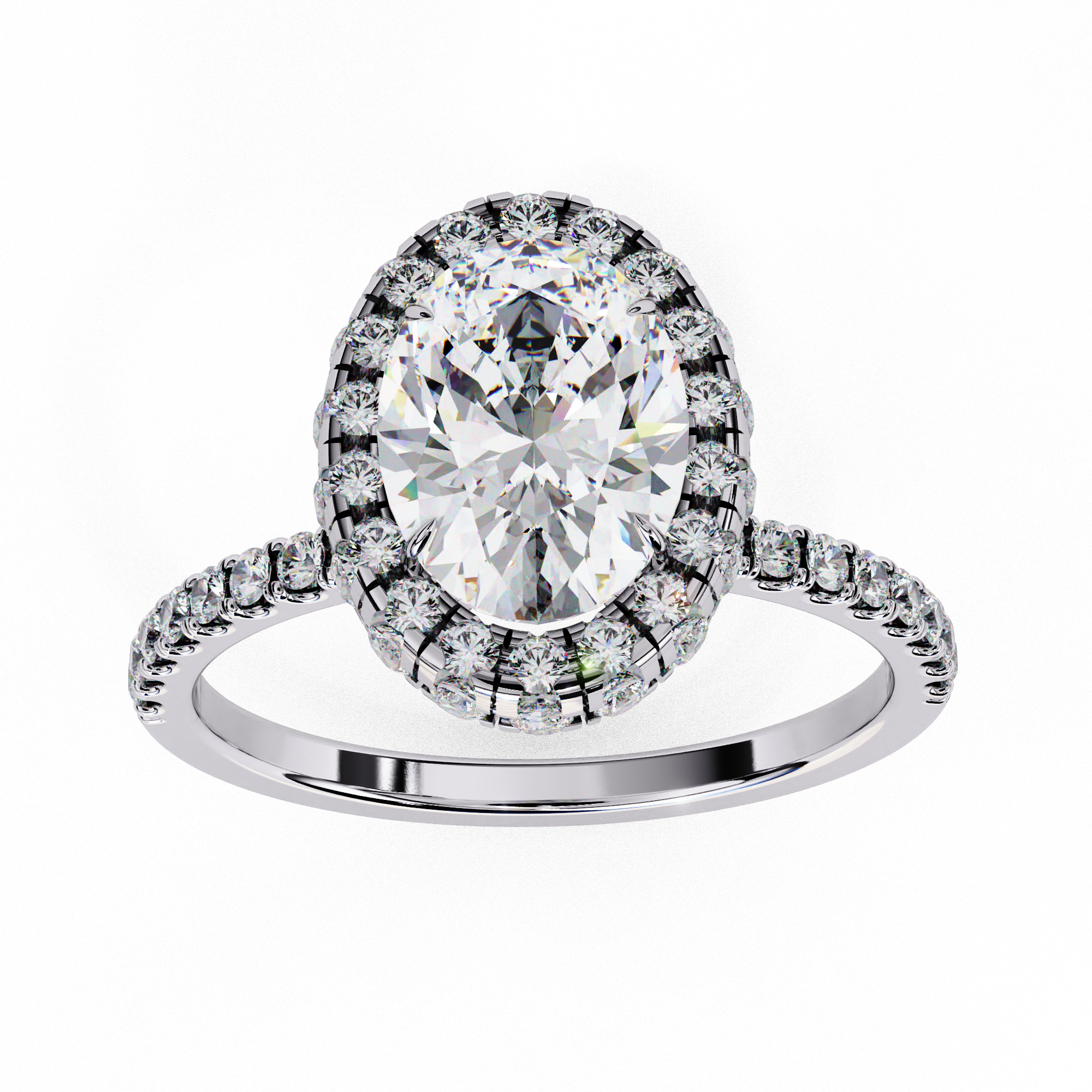 Top-down view of a white gold oval cut diamond engagement ring with a brilliant double halo.