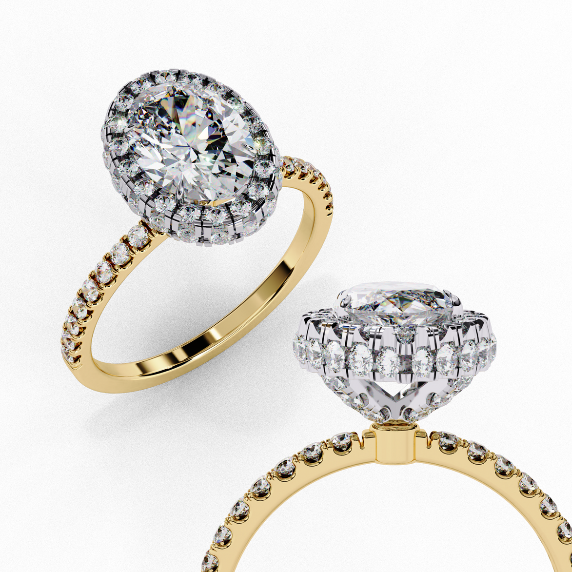 Close-up angled shot of a yellow gold oval cut diamond double halo engagement ring highlighting the pavé band.