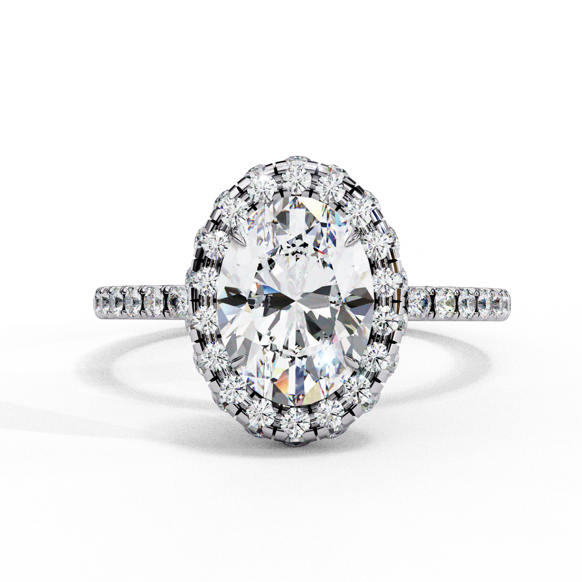 Front view of a white gold oval cut diamond double halo engagement ring.