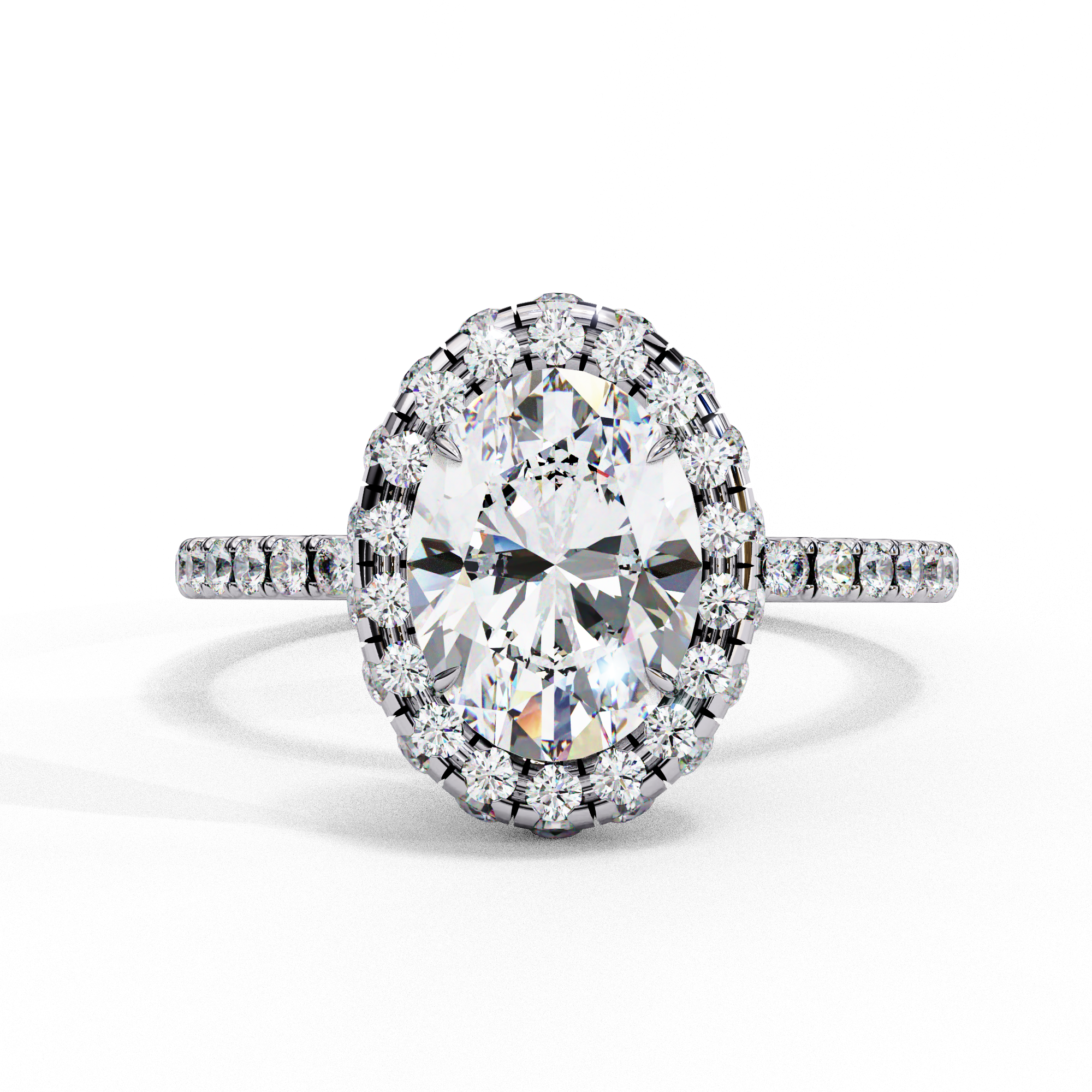 Front view of a white gold oval cut diamond double halo engagement ring.
