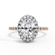 Front view of a rose gold oval cut diamond double halo engagement ring.
