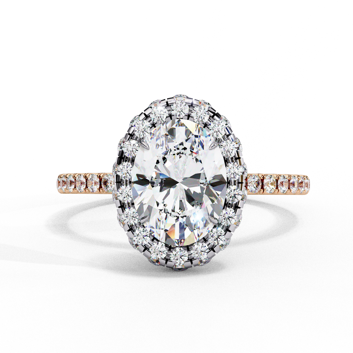 Front view of a rose gold oval cut diamond double halo engagement ring.
