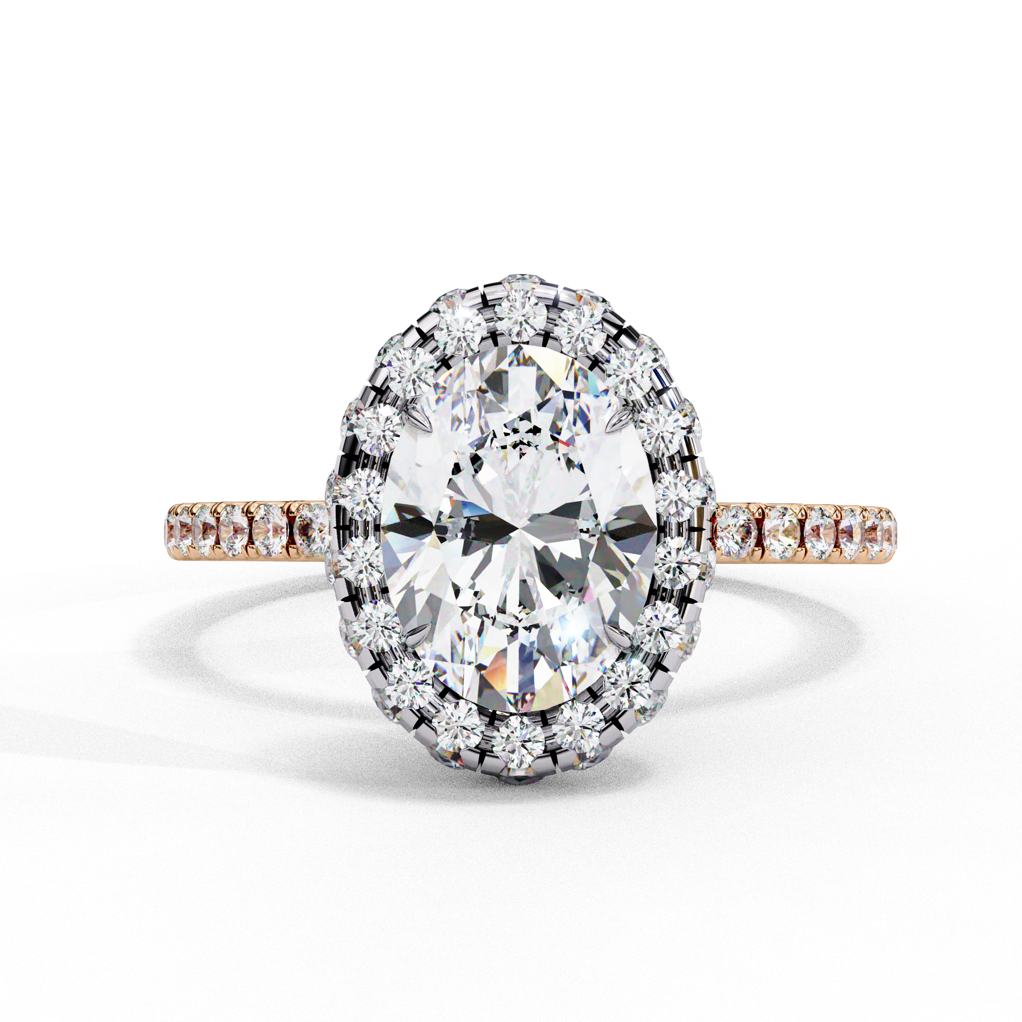 Front view of a rose gold oval cut diamond double halo engagement ring.