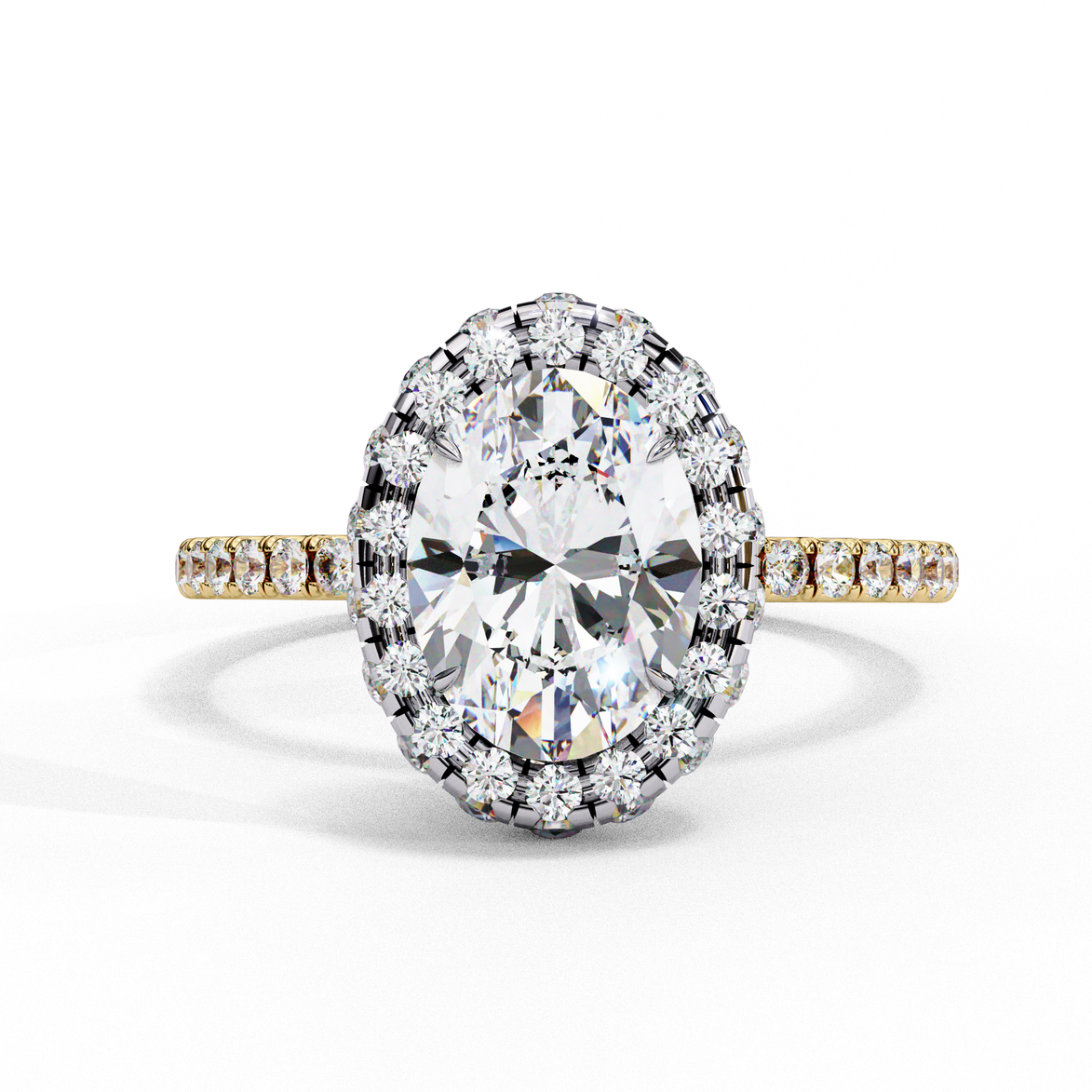 Front view of a yellow gold oval cut diamond double halo engagement ring.