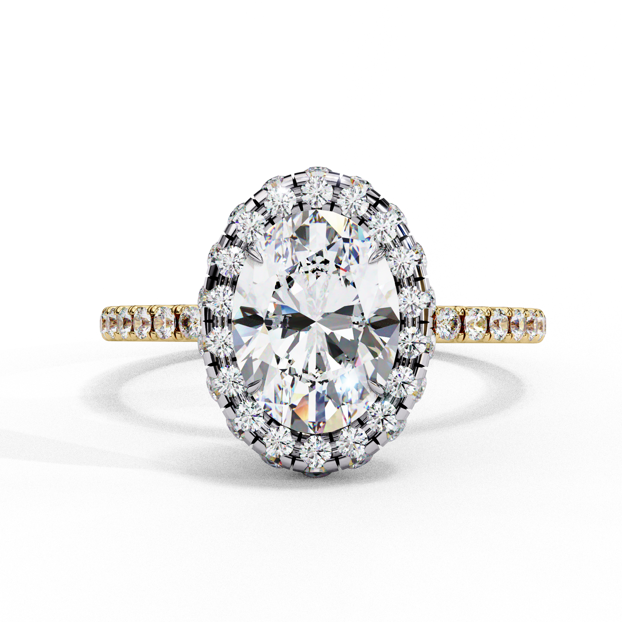 Front view of a yellow gold oval cut diamond double halo engagement ring.