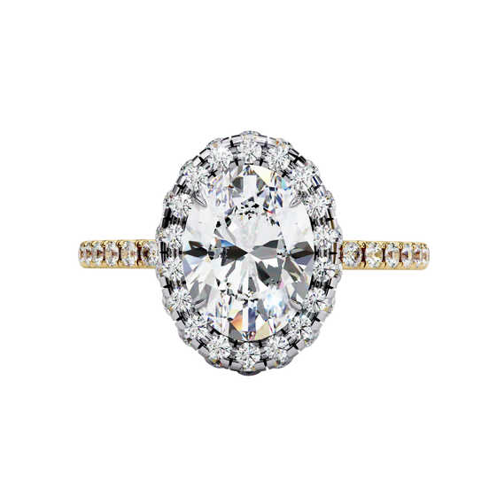 Front view of a yellow gold oval cut diamond double halo engagement ring.