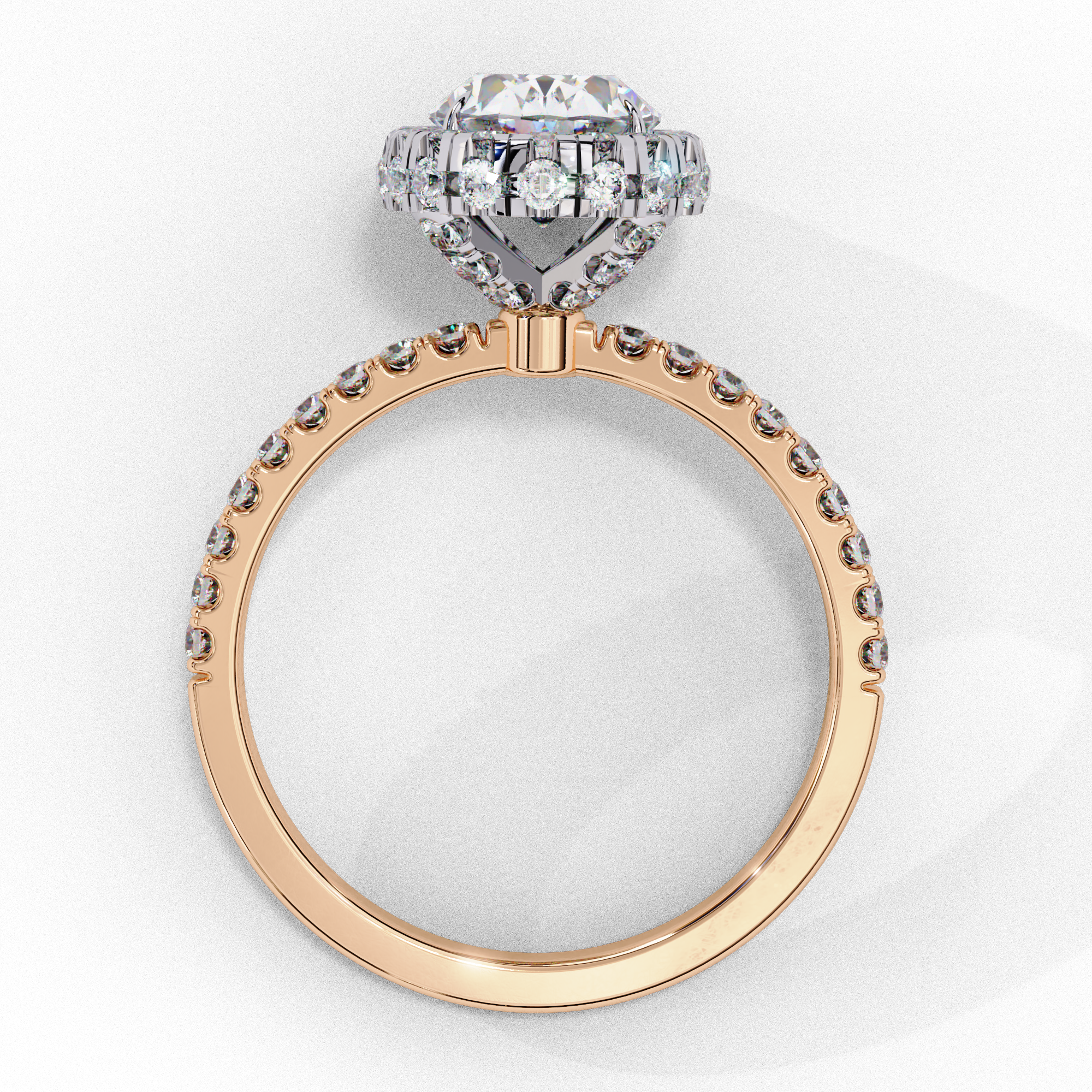 Side profile view of a rose gold oval cut diamond double halo engagement ring showing the cathedral setting.