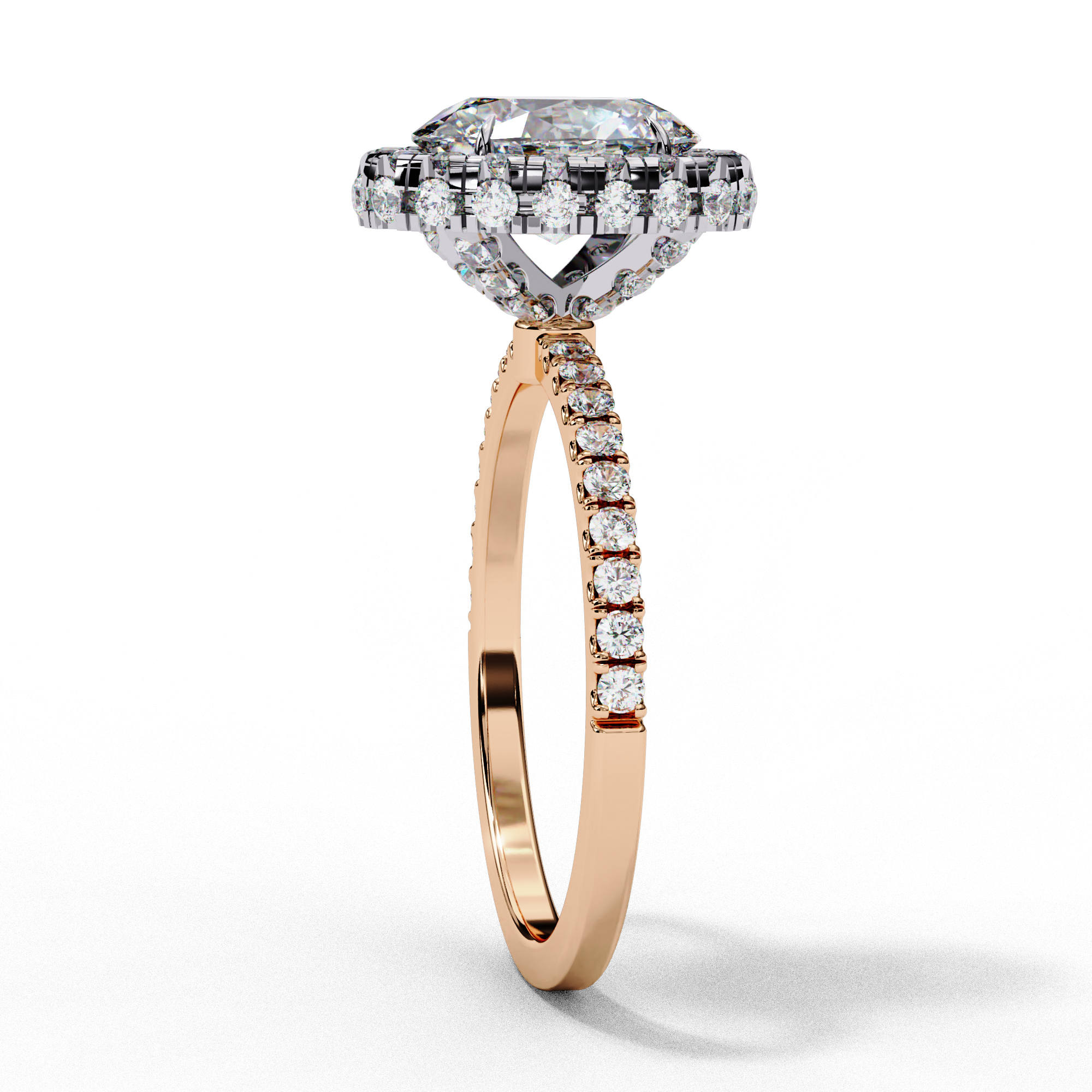 Side profile view of a rose gold oval cut diamond double halo engagement ring showing the elevated cathedral gallery.