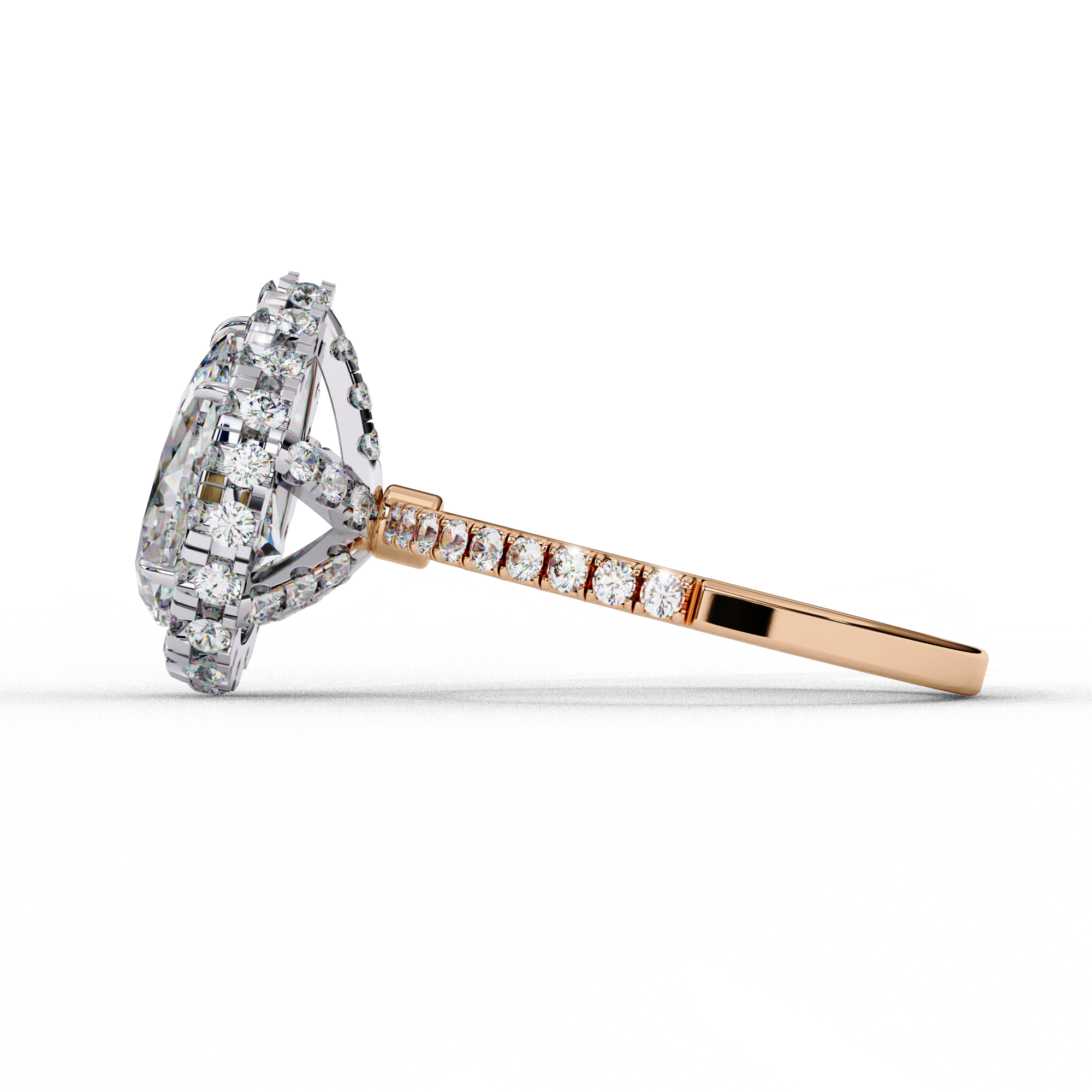 Side profile view of a rose gold pear shaped diamond halo engagement ring showing the cathedral setting.
