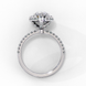 Side profile view of a white gold pear shaped diamond halo engagement ring showing the elevated cathedral gallery.
