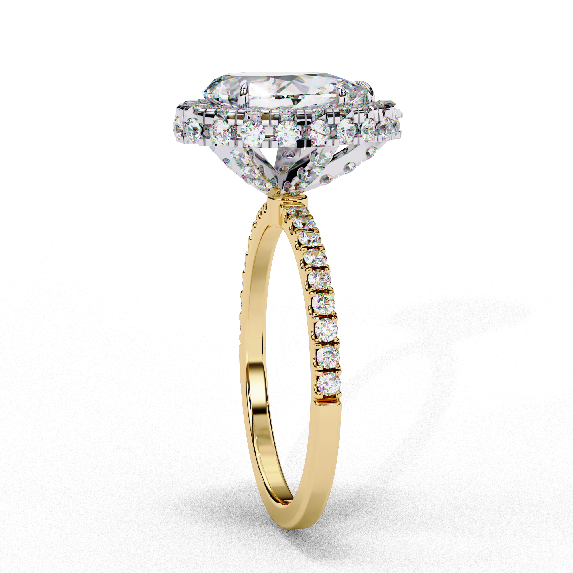 Side profile view of a yellow gold pear shaped diamond halo engagement ring showing the elevated cathedral gallery.