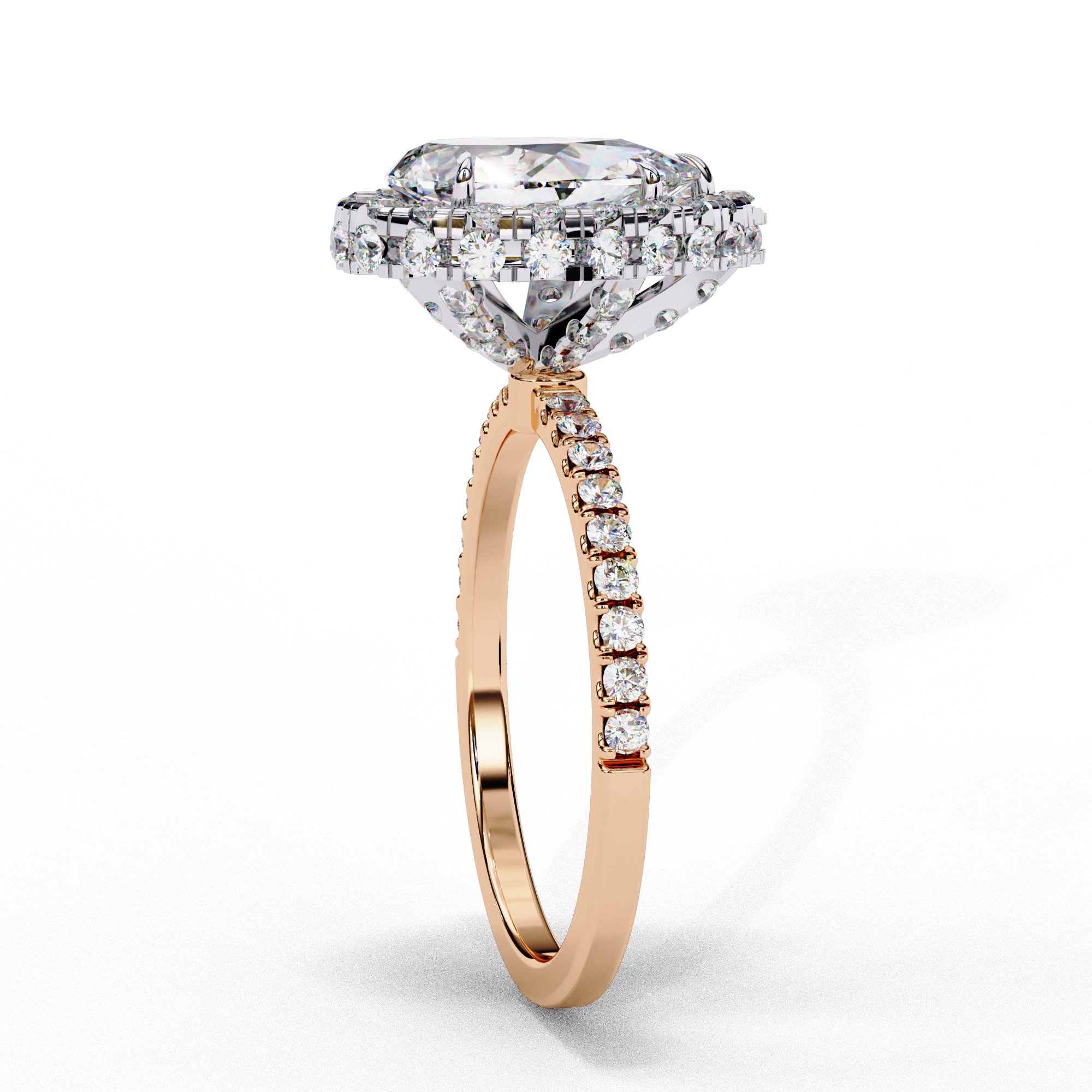Side profile view of a rose gold pear shaped diamond halo engagement ring showing the elevated cathedral gallery.
