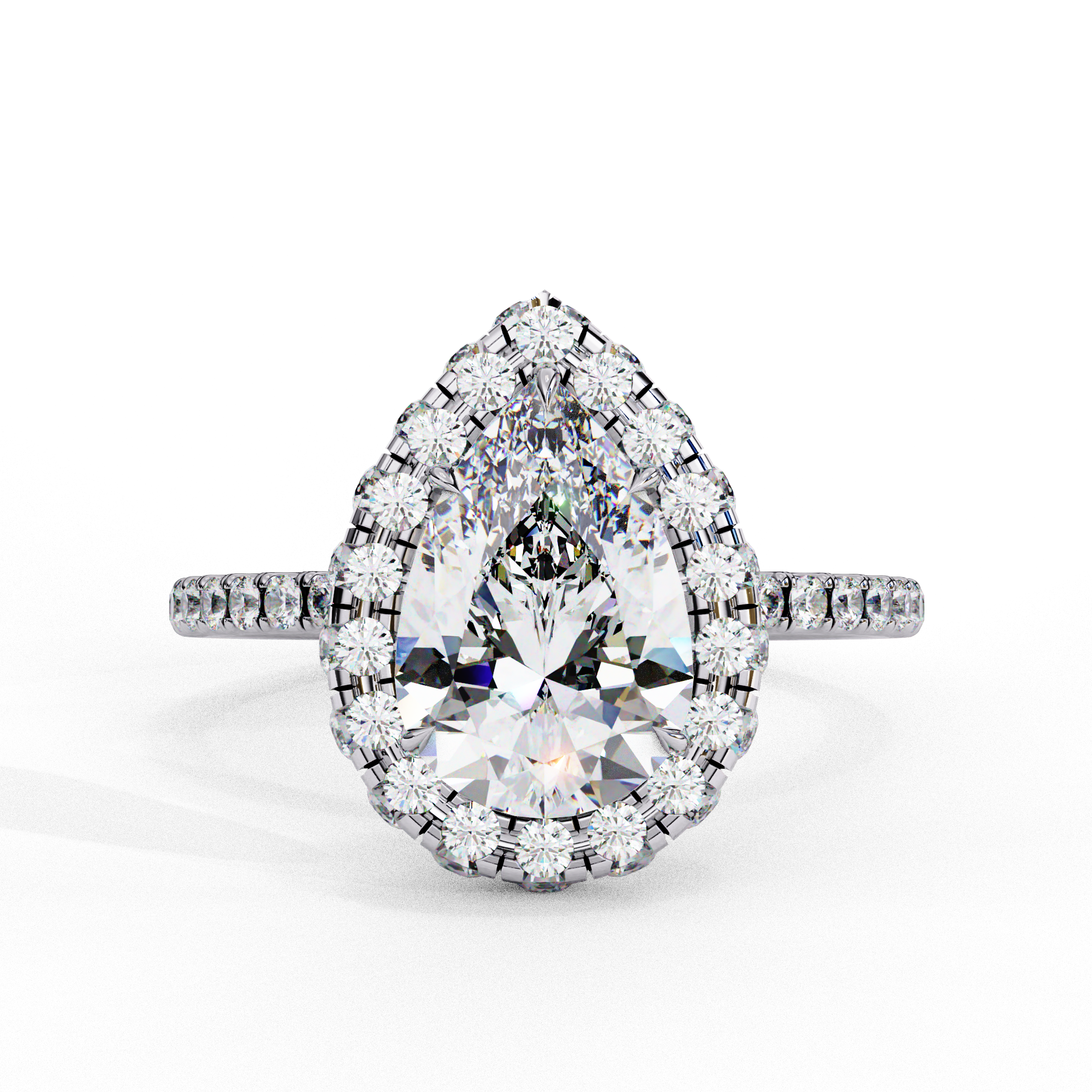Top-down view of a white gold pear shaped diamond engagement ring with a brilliant halo frame.