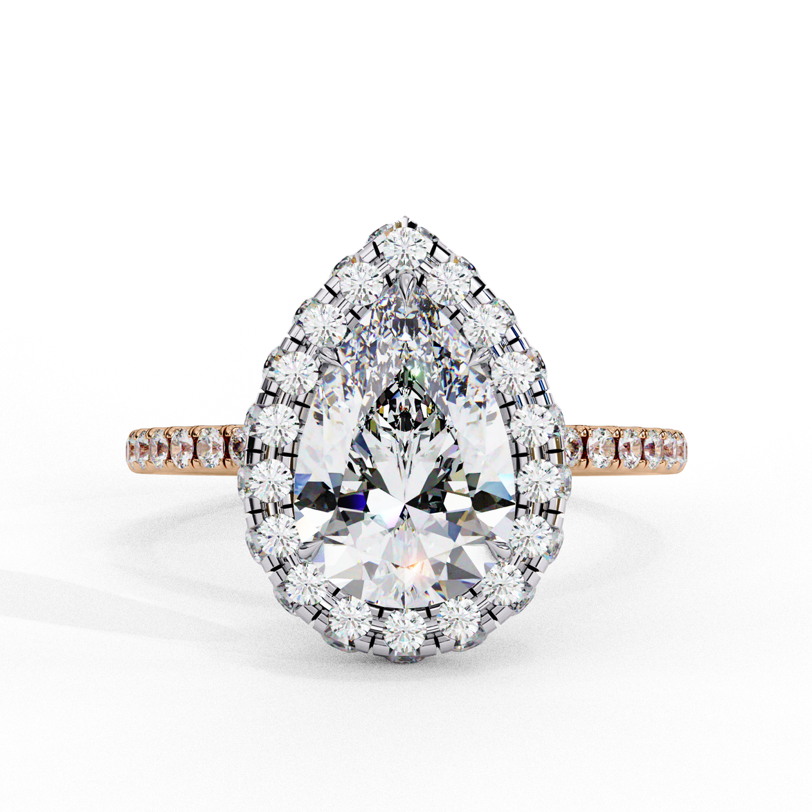 Top-down view of a rose gold pear shaped diamond engagement ring with a brilliant halo frame.