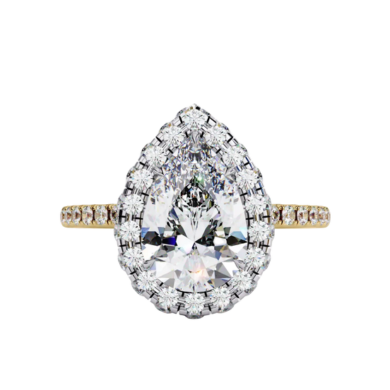 Top-down view of a yellow gold pear shaped diamond engagement ring with a brilliant halo frame.