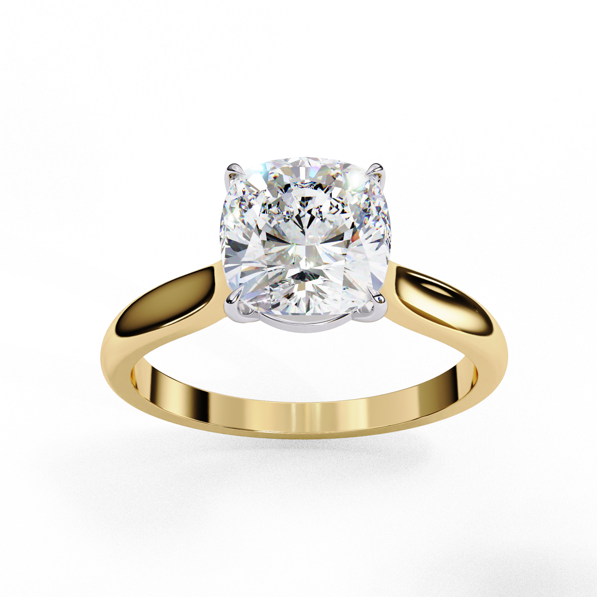 Front profile view of a yellow gold round brilliant cut diamond solitaire engagement ring.