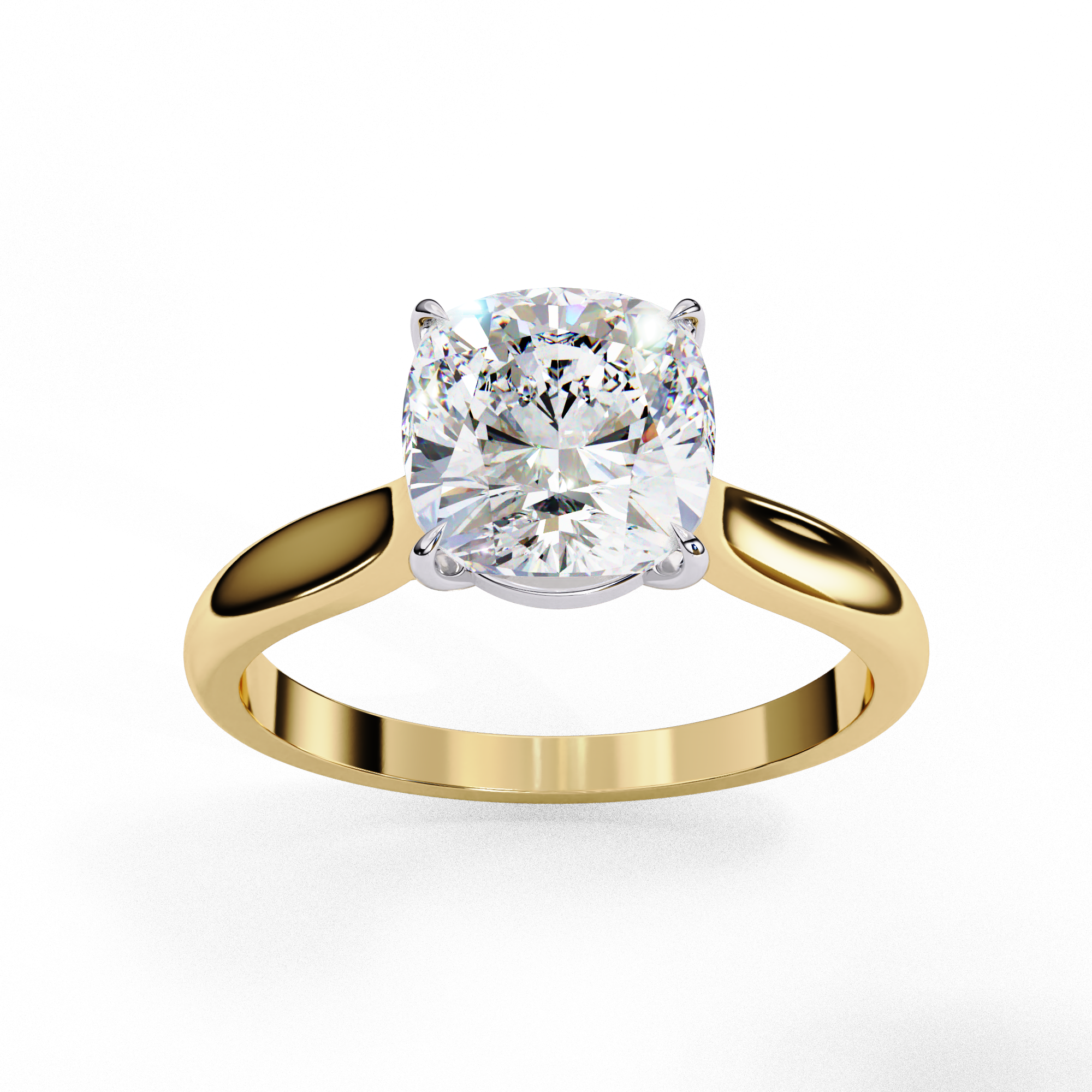 Front profile view of a yellow gold round brilliant cut diamond solitaire engagement ring.
