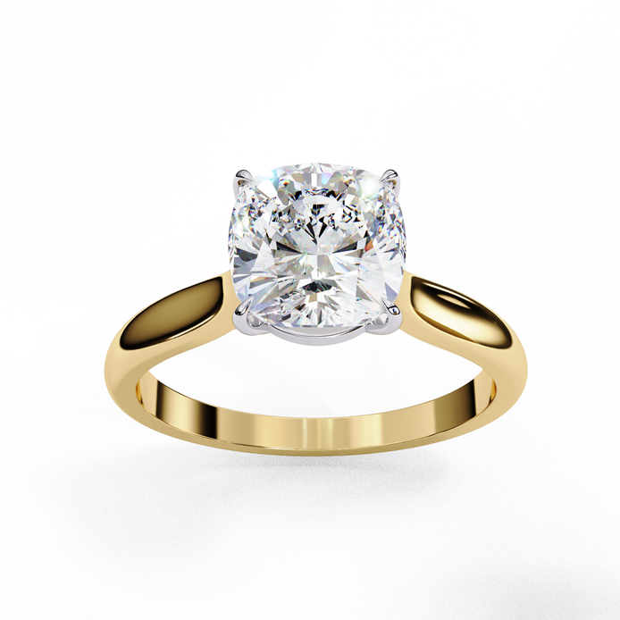 Front profile view of a yellow gold round brilliant cut diamond solitaire engagement ring.