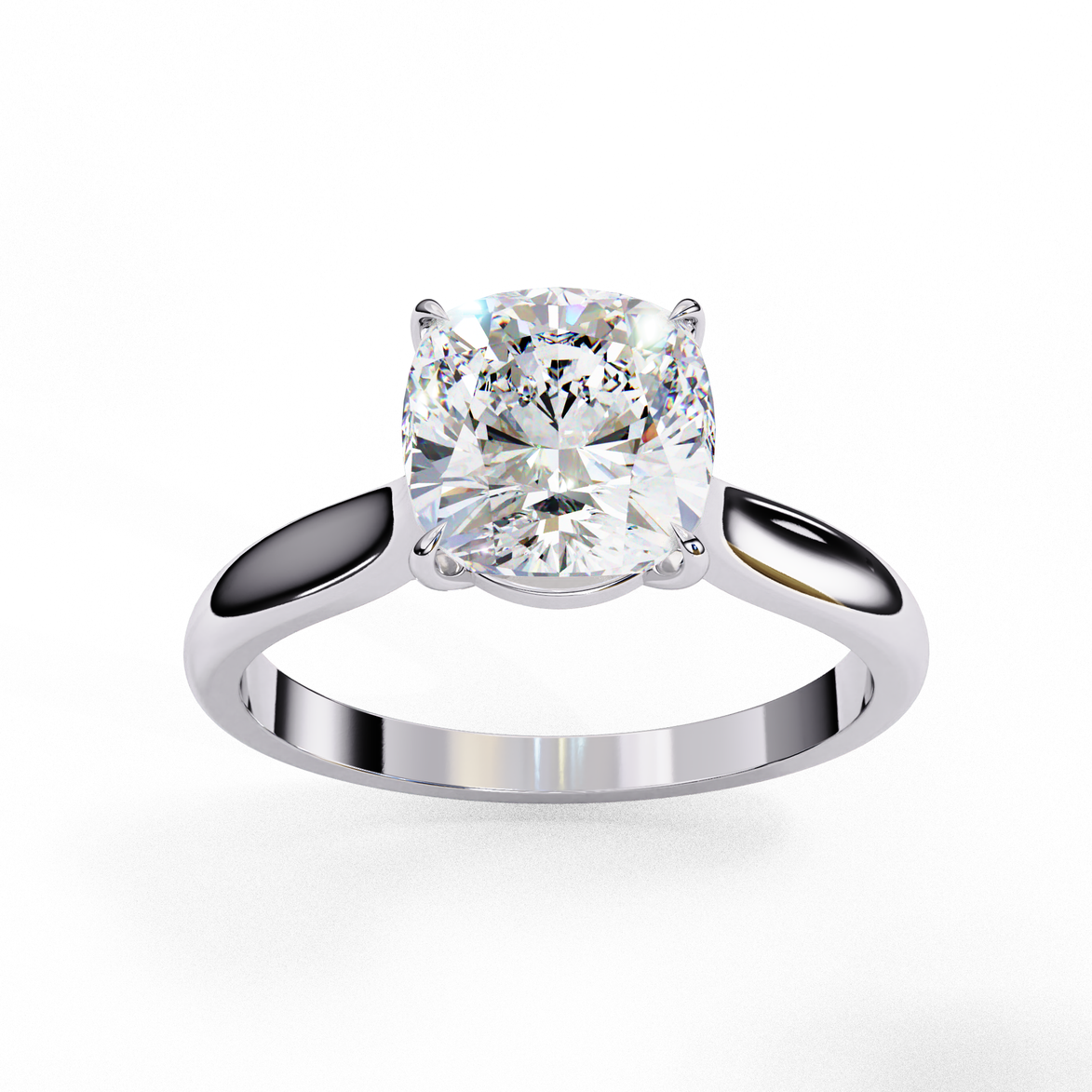 Front profile view of a white gold round brilliant cut diamond solitaire engagement ring.